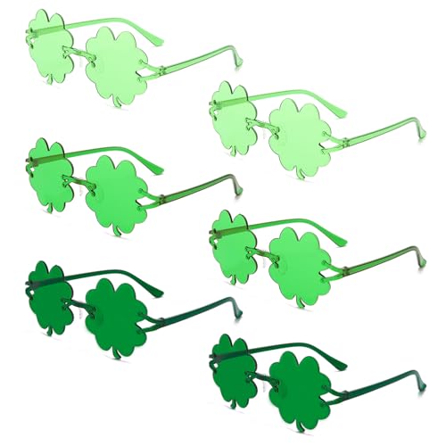 Matcheck 6 Pcs St. Patrick's Day Shamrock Sunglasses Irish Green Clover Glasses Lucky Four Leaf Costume Party Supplies