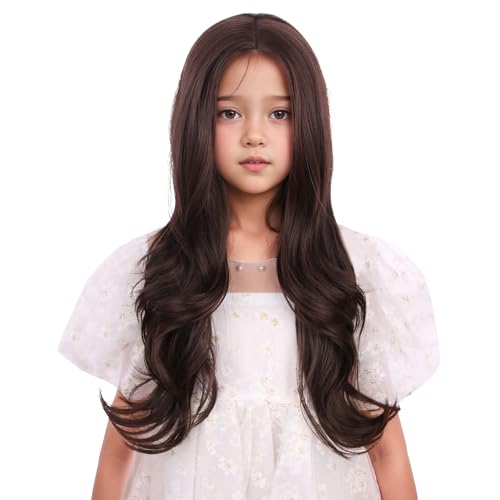 Image of Kids Mixed Brown Wig Child Long Dark Brown Wavy Curly Wig Girls Chocolate Middle Part Wigs Heat Resistant Synthetic Wigs with Cap