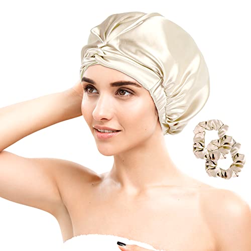 layajia Satin Bonnet Silk Sleep Cap for Women, Satin Bonnet for Curly Hair Long Hair Women Sleeping Beige