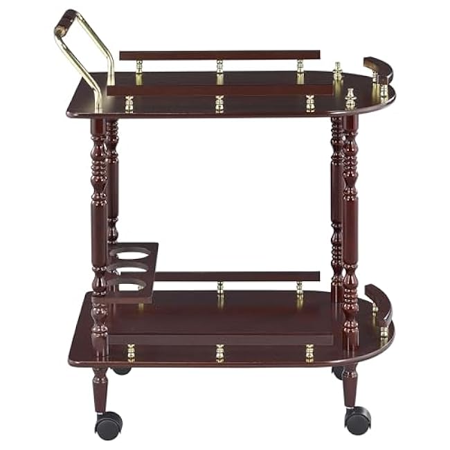 Merlot and Brass 2-Tier Vintage Bar Cart, Tea Cart with Fence and Wheels, for Dining Room, Living Room, Garden, Party, Brown-ZtUBcyBn