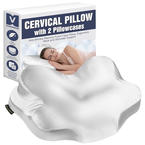 VeluraDream Anti Wrinkle Neck Pillow for Face & Skin - Premium Cervical Beauty Pillow with 2 Cooling Pillowcases, Memory Foam Support for Side & Back Sleepers (White)