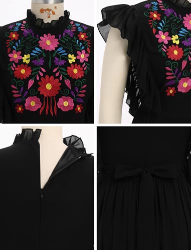 Women Mexican Embroidered Dress Traditional Casual Summer Floral Cinco De Mayo Fiesta Outfit Dance Party Midi Dresses3