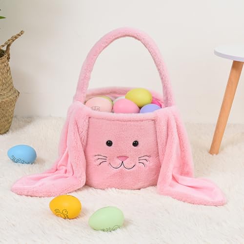 Image of Plush Easter Bunny Basket Bags for Kids, Rabbit Bucket Tote with Long Fluffy Ears, Cute Egg Hunts Party Storage Candy Gifts Carry Bucket Decorations (Pink)