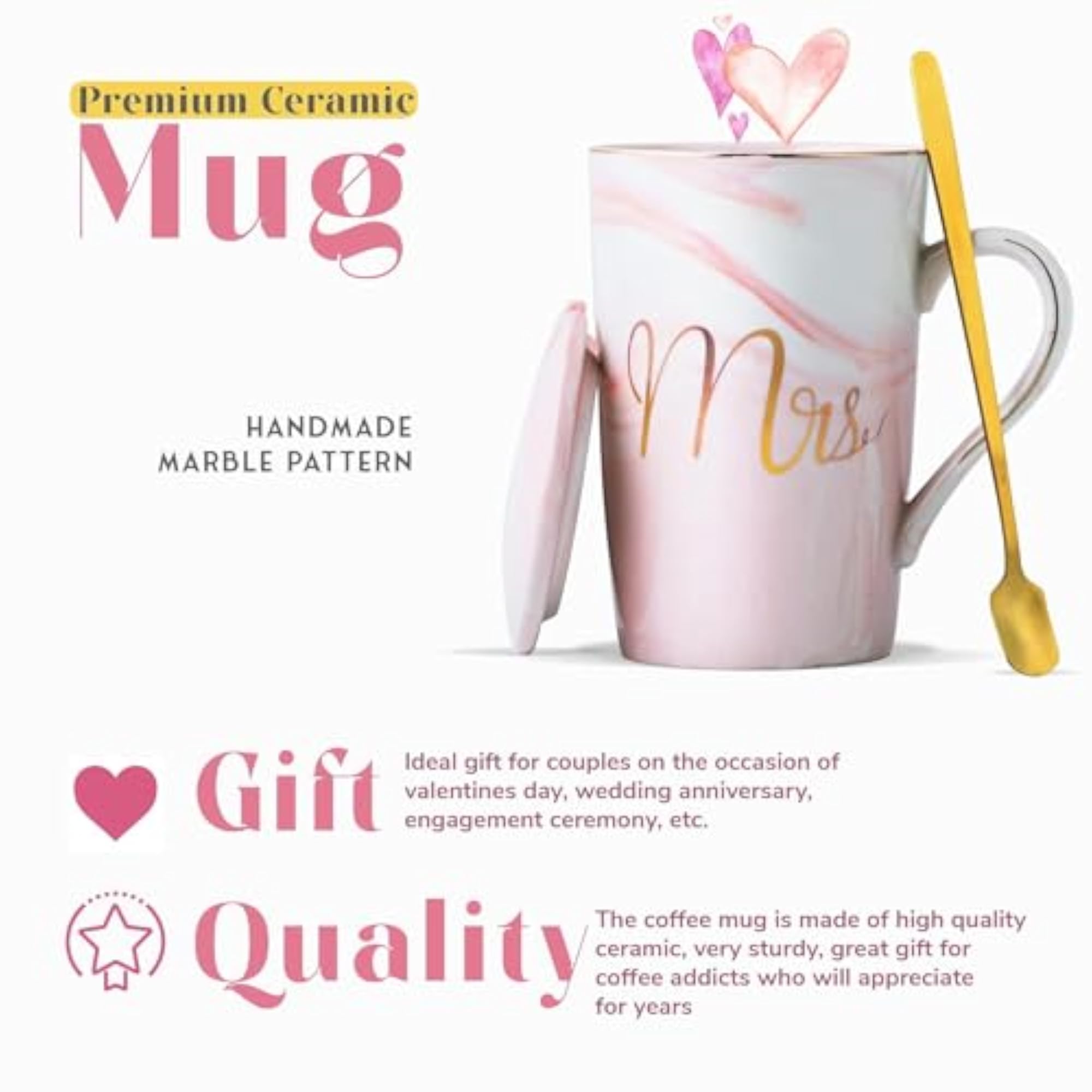 Ceramic Marble Finish Coffee Mug with Lid & Spoon