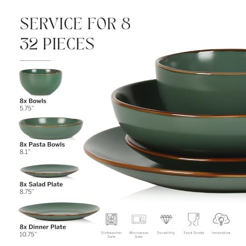 Image of Stone Lain Brasa Stoneware 32 Piece Modern Dinnerware Sets, Plates and Bowls, Service for 8, Green, Microwave & Dishwasher Safe
