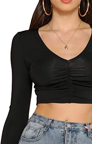 V Neck Ruched Crop Tees Top Long Sleeve 