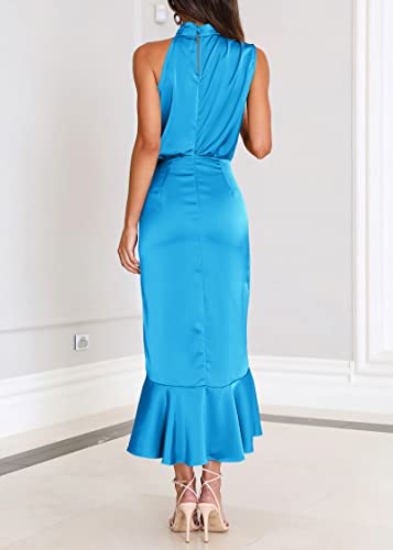 Image of KIRUNDO Women's Summer Satin Mock Neck Wedding Guest Dress | Party Cocktail Midi Dress, 2026 Spring Fashion, Silky, Elegant Classy Halter High Neck, Sleeveless Wrap Ruffle Formal Dress