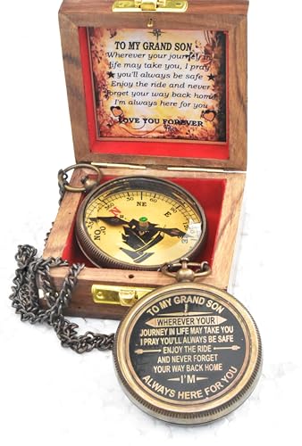 to My Grandson Compass with Wooden Box-Mom to Son Compass–Father to Son Gifts- to My Son -Graduation Day Gifts for Son-Birthday, Baptism, Graduation, Confirmation, Communion Compass for Women Men