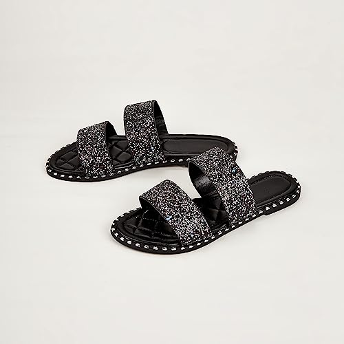 Image of Women's Open Toe Flat Sandals Rhinestone Glitter On Casual Fashion Slippers Quick Drying Indoor & Outdoor Slides