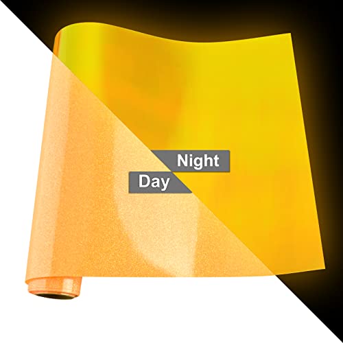 Viewmoi Glitter Glow in Dark Heat Transfer Vinyl Luminous HTV Neon, 10 Inch by 5 Feet Luminous Glitter HTV Vinyl Bundle Rolls for T-Shirt (Orange to Yellow Light)