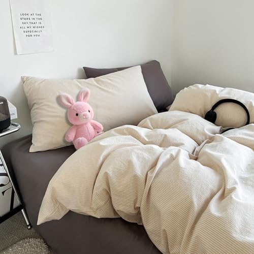 Mesnt Juego de funda nórdica para cama doble, diseño de rayas, con sábana bajera ajustable y 2 fundas de almohada, poliéster, color caqui claro, estilo 5, 1,5 m - 180 x 220 cm