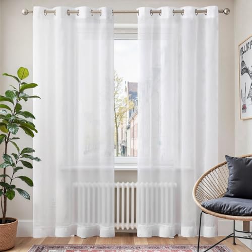 Weiße transparente TOPICK Voile Gardine mit Ösen für Wohn- und Schlafzimmer im 2er-Set