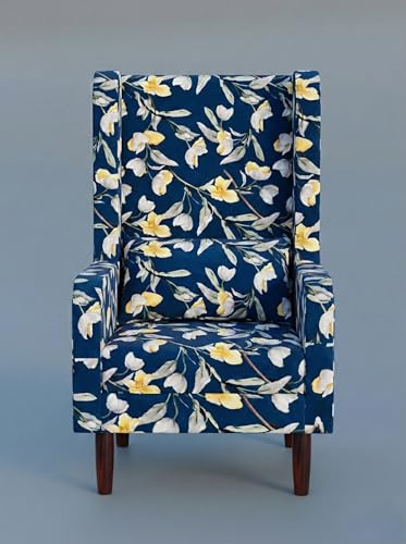 Image of WELL KNOWN Wooden Wing Chair with Ottoman Stool | Wingback for Living Room | High Density Foam | Accent Chair for Seating, Home Decor Furniture | (Blue Magnolia, with Ottoman)