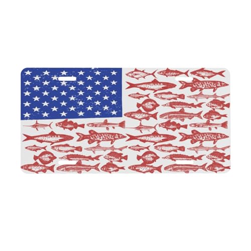 UEQIKI American Flag Fishing Front License Plate for Women Car Vanity Plates Decorative Aluminum Metal Cute Novelty License Plate Cover for Men 6x12 Inch (4 Holes)
