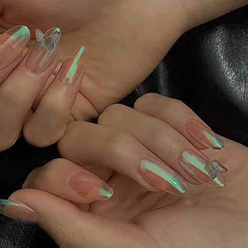 Ezpieces Fake Nails with Glue, Clear Metallic Press on Nails Long Almond Oval Nails, Medium Butterfly Acrylic Nails Artificial French Tip for Women/Daily/Party, 24PCS/Set(Rain Check)
