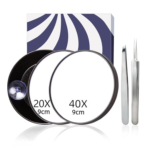 Magnifying Mirror, 40X Magnifying Mirror with Precision Tweezers Set, Compact with 40X & 20X Magnification, Travel Makeup with Precision Tweezers 2pcs, Tweezers for Women Facial Hair 3.5 Inches