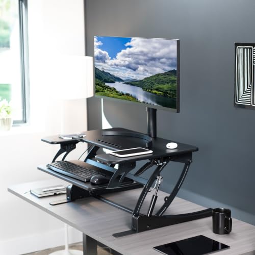 Image of VIVO Black 32 inch Standing Desk Converter, DESK-V000VS | Height Adjustable, Stand Up Desk Riser, Wide Keyboard Tray, Dual Monitor and Laptop Workstation, Black Frame, V Series
