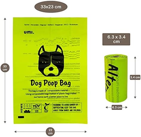 Amazon Brand - Umi Dog Poo Bags, Biodegradable Dog Poop Bags, Certified Compostable, Extra Thick and Leak-Proof, Unscented, 23 x 33 cm, 120 bags with Dispenser