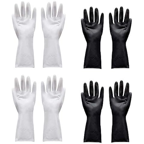 Spülmaschinen-Handschuhe, wiederverwendbar, wasserdicht, Haushalt, Gummi, Latex, rutschfest, große Größe (4 Paar) und (6 Paar), 4 Pairs- L, Weiß/Schwarz Cover