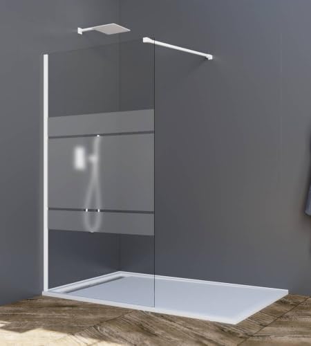 GME   Mampara Ducha Fija 70cm Frontal Blanco Mate con Brazo de Sujeción | Mampara de Cristal Antical y Perfilería de Aluminio con 195cm de Altura | Vidrio con Grosor 8mm