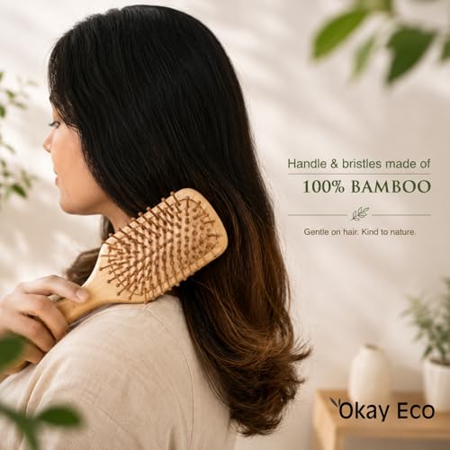 Image of Bamboo Paddle Hair Brush Combo Regular & Oval Shape Natural Gentle Detangling EcoFriendly Hair Care Tool