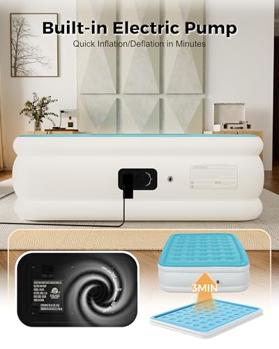 Image of Full Air Mattress with Built-in Pump, Single Air Bed with Portable Storage Bag, Suitable for Home and Guests, Top Flocking, 18 inch Full Sky Blue