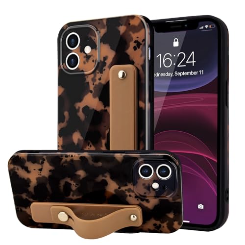 LAPOPNUT for iPhone 11 Case with Wrist Strap, Cheetah Leopard Tortoise Shell Print Shockproof Soft TPU Protective Case Women Girls, Slim Anti Scratch Cover for iPhone 11 6.1 Inch,Brown