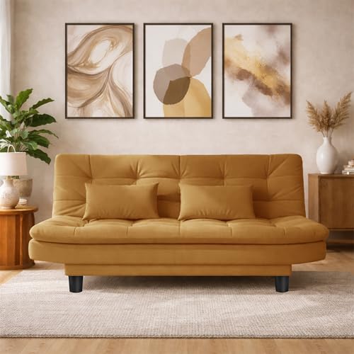 Image of Modern 3 Seater Sofa Cum Bed with Cushions, Foldable Convertible Couch, Velvet Fabric Sleeper Sofa for Living Room, Guest Room, Golden