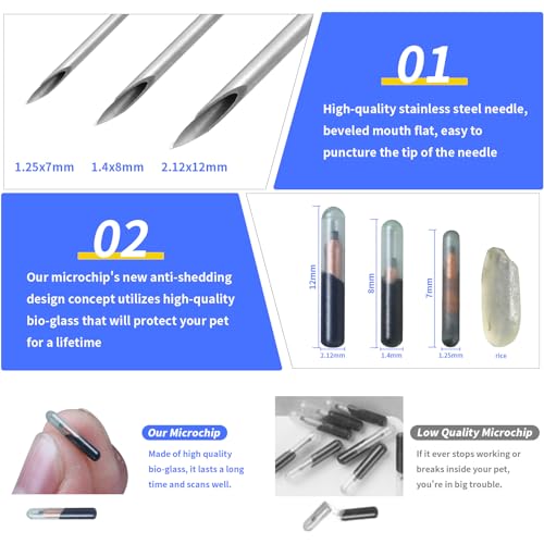Pacote com 100 microchip de 1,25 x 7 mm para cães e gatos, seringa de identificação animal pré-carga