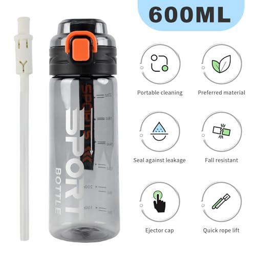 MHwan Trinkflasche Sport mit Strohhalm, 600ml Robuste und Bruchsichere, Schöne Auslaufsicher Wasserflasche mit Zeitmarkierung, BPA-Frei, Geeignet für Erwachsene und Kinder, Sport, Fitness, Reisen