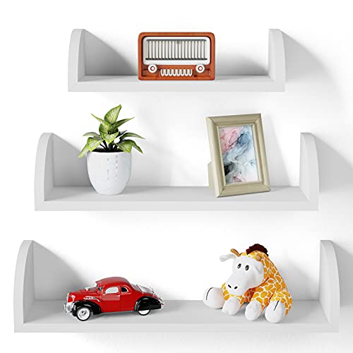Image of SRIWATANA White Floating Shelves, Nursery Wall Shelves Set of 3, Solid Wood Shelves for Bedroom, Living Room, Kitchen, Bathroom - White