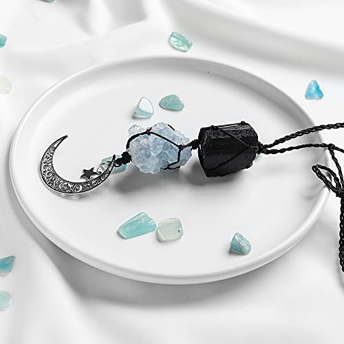 Image of Runyangshi Healing Crystal Car Rear View Mirror Hanging Accessories Natural Black Tourmaline Celestite Rough Stone Handmade Hanging Ornaments Home Deco Gift Balance Reiki Energy