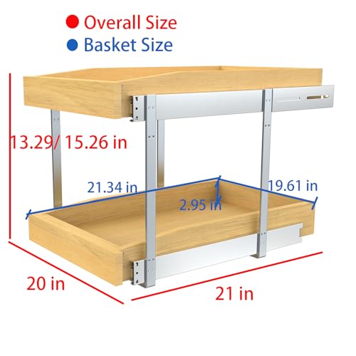 2 Tier Pull Out Cabinet Organizer, 20"W x 21"D Solid Wood Heavy-Duty Base Bottom Assembly Slide out Drawer Shel Cabinet Organization for Kitchen, Pantry, Bathroom
