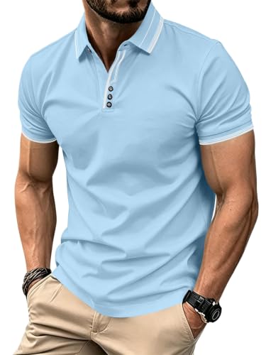 Image of QAUN Polo Shirts for Men Adult, Summer Polo T Shirts Men Casual Short Sleeve Golf Outdoor Sport Shirt Summer Breathable Work Tops with Button Blue