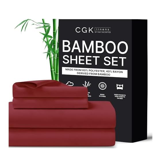CGK Unlimited Queen Size Bed Sheets- Cooling & Breathable, 60% Polyester, 40% Rayon Derived from Bamboo Super Soft & Comfy for Hot Sleepers to Stay Cool (Queen, Burgundy)