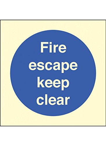 Caledonia Signs 41605B "Fire Escape Keep Clear" Sign, Photo luminescent Self-Adhesive Vinyl, 80 mm x 80 mm