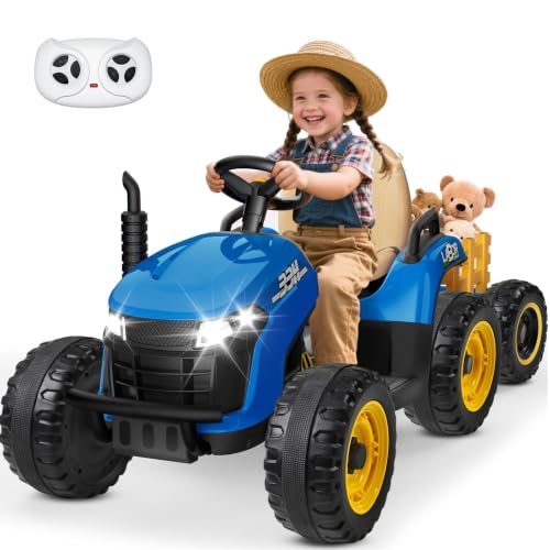 Image of ANPABO 24V Ride On Tractor for Kids w /Detachable Trailer, EVA Tires, Blue