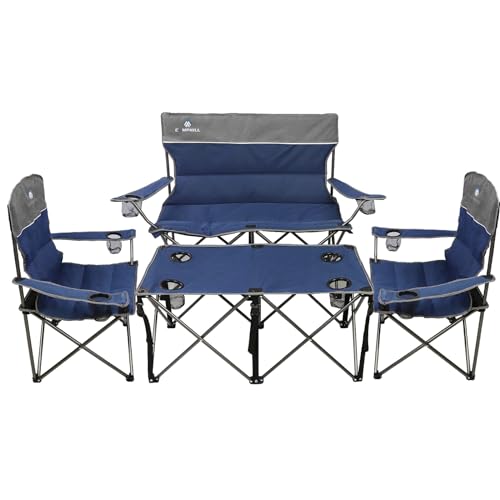 CAMPHILL Camping Chair Set of 4, Outdoor Folding Camping Chairs with Table Heavy Duty Lawn Chair with Cup Holder,Collapsible Chair Include One Sofa Chair and Two Single Chairs and Camping Table