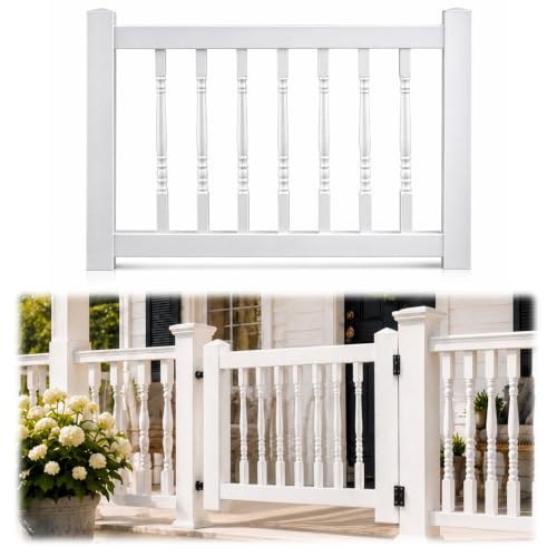 Maasechs 36 x 48 Vinyl Fence Gate Kit with Classic Round Balusters Heavy Duty White Plastic Safety Gate for Garden Deck Pool Backyard