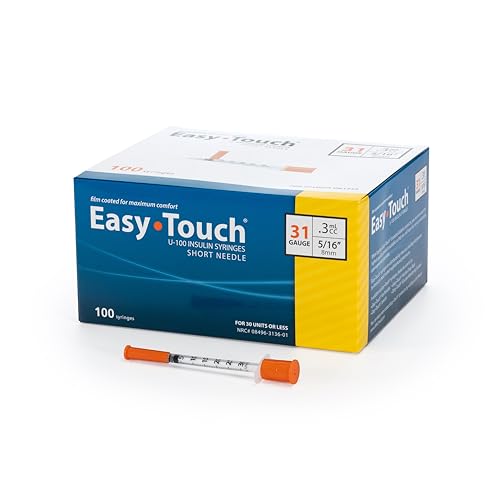 Image of Easy Touch 31 Gauge U-100 Insulin Syringes (31G 0.3cc 5 /16 inch) with 5 /16 inch Short Needle, 0.3cc (30 Unit Capacity), Bold Markings for Accurate Dosing, Disposable, Box of 100