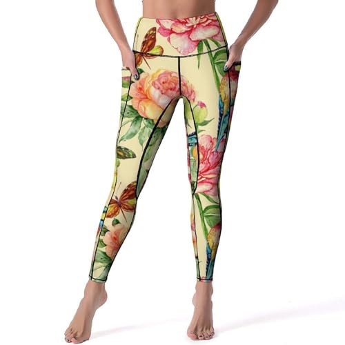 Legging jaune imprimé oiseau papillon avec ceinture haute de fitness