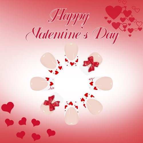 Image of White Press on Nails French Tip Fake Nails with Heart Design Medium Square Stick on Nail Glossy Full Cover Bow Glue on Nail for Women Girls Manicure 24Pcs