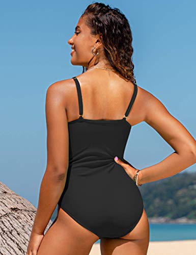 Hilor Women's One Piece Swimsuits Front Twist Swimwear V Neck Shirred Bathing Suit Monokini Tummy Control4