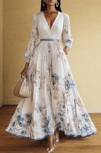 Women's Floral Printed Pleated Dress Sexy V Neck Long Sleeve Flowy A Line Party Maxi Dresses with Belt2