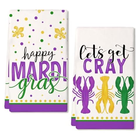 ARKENY Mardi Gras Kitchen Towels Set of 2,Purple Fleur De Lis Crayfish Dish Towels 18x26 Inch Drying Dishcloth,Farmhouse Home Mardi Gras Carnival Seasonal Holiday Decorations AD193 Cover