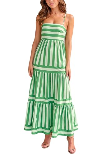 Image of KMBANGI Women Striped Sleeveless Maxi Dress Swing Patchwork Midi Dress Smocked Spaghetti Strap Colorful Long Sundress