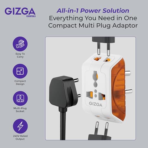Image of Gizga Essentials 3 Pin Multi Plug Socket | Universal Travel Adaptor with Multiple Charging Ports, 6A Support, Compact Design | for Laptop, Smartphone, Hair Dryer, Iron