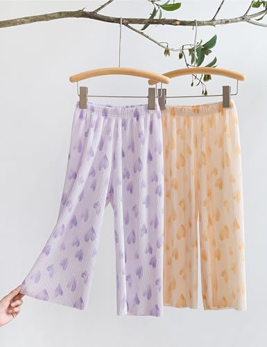 Image of Kiench Girls Wide Leg Palazzo Pants Pleated Silky Flowy Trousers Cute Print