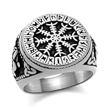 Oaldilee Anillo de hacha de batalla nórdica, anillo de brújula pirata vikinga, Vegvisir, acero inoxidable, chapado en oro de 18 quilates, símbolo nórdico negro, joyería vintage para hombres y mujeres