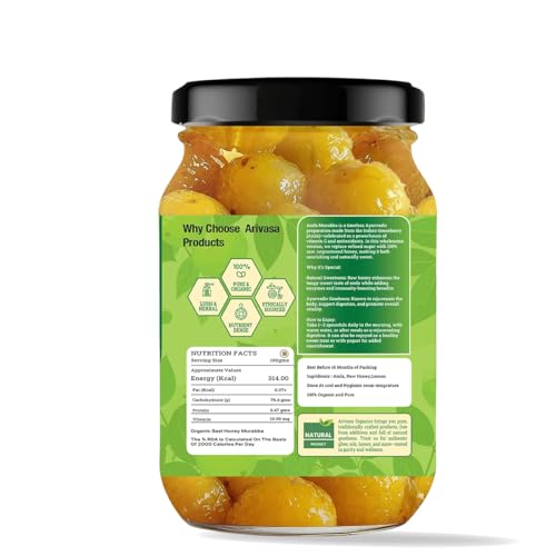 Image of Arivasa Organics Amla Murabba with Honey (500g) Natural & Fresh Indian Gooseberry Marmalade | Healthy & Sweet Snack for Digestion, Immunity & Overall Well-Being (No Artificial Preservatives or Flavors)